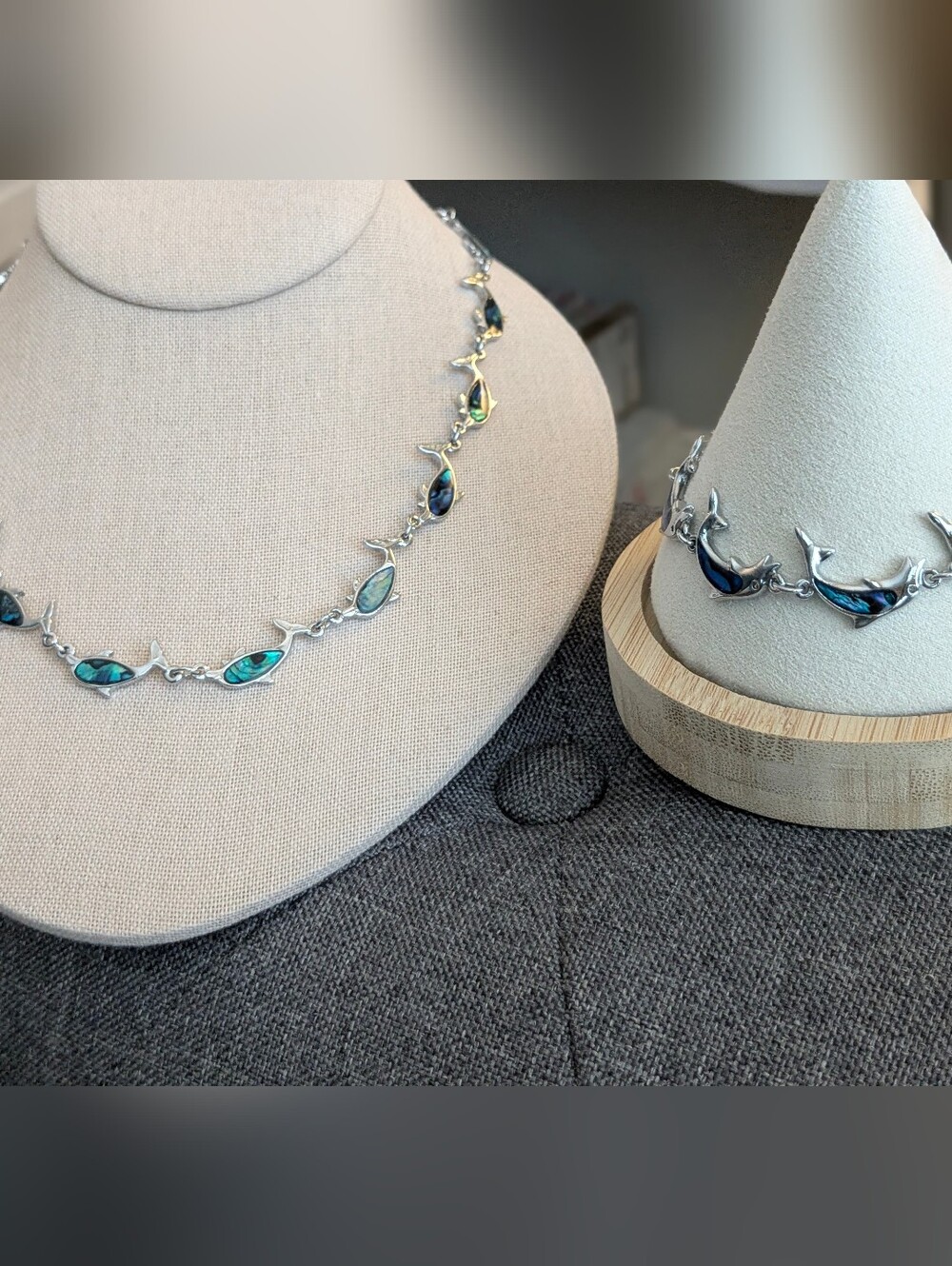 Abalone Shell Fish Necklace & Bracelet Set Silver Tone Nautical Coastal - Picture 3 of 6